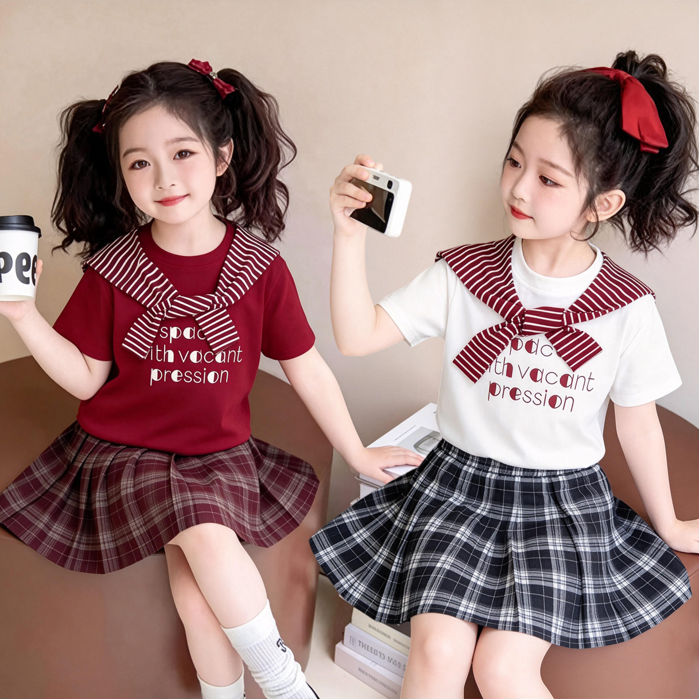 女童夏款套装洋气短袖t恤格子