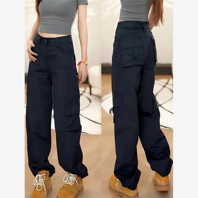 覆古多口袋高腰工装阔腿裤女夏季薄款大码胖mm宽松显瘦直筒休闲裤