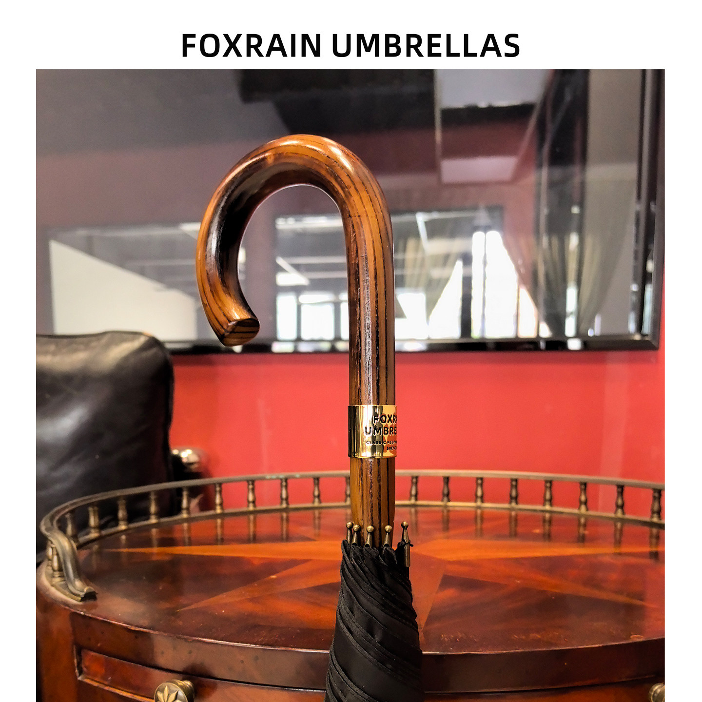 FOXRAIN英式复古solid大号一体木弯钩伞柄贡缎布轻奢贵族伞高级感