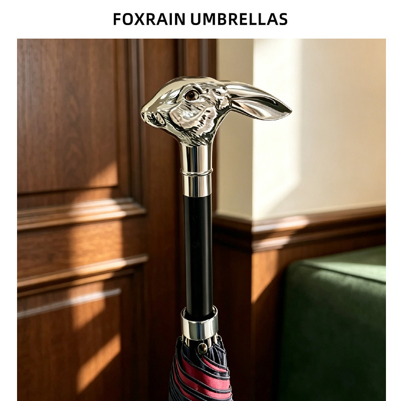 foxrain复古双色布雨伞长柄权杖直杆兔子头贵族伞高端定制