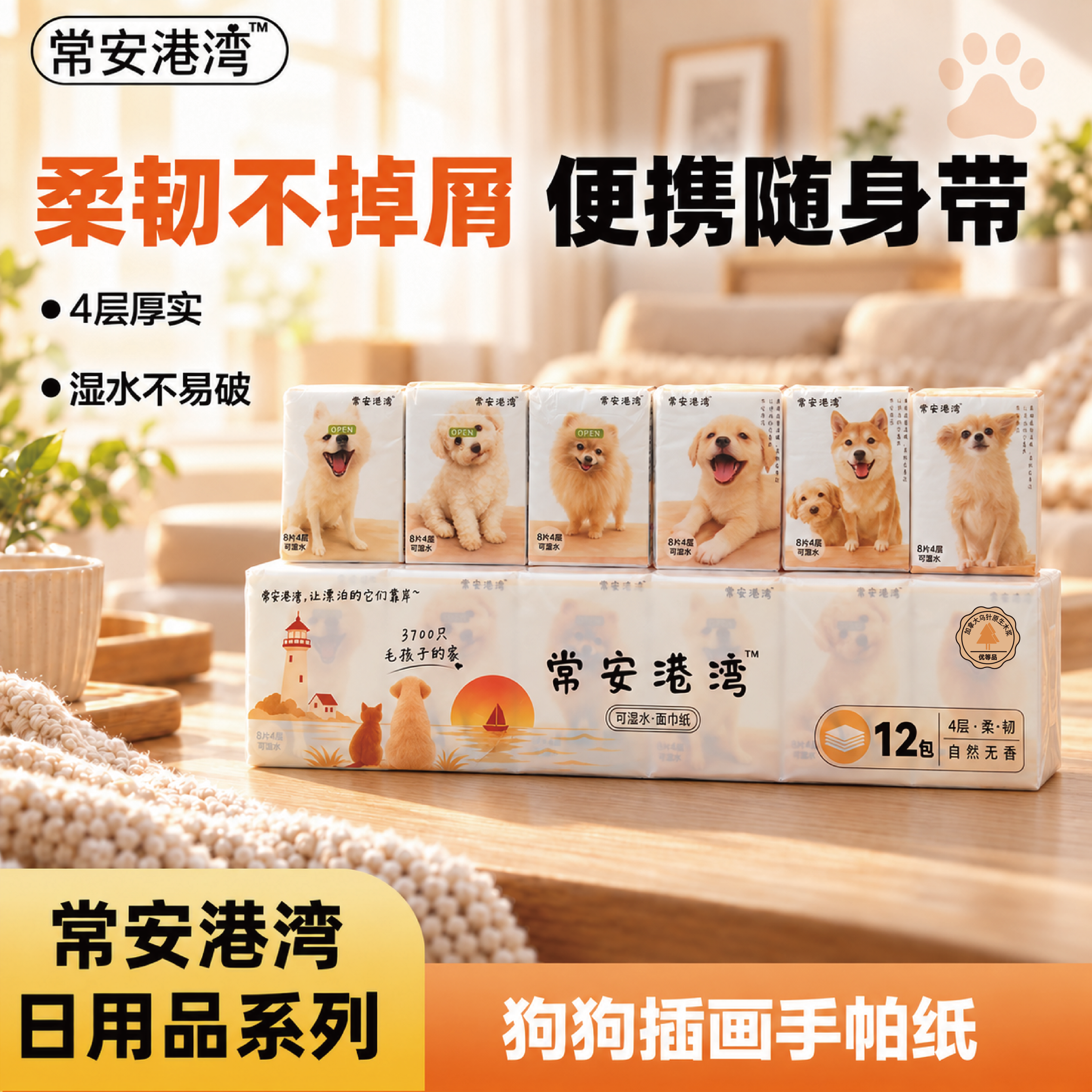 【常安港湾】狗狗插画四层加厚可湿水便携式迷你手帕纸
