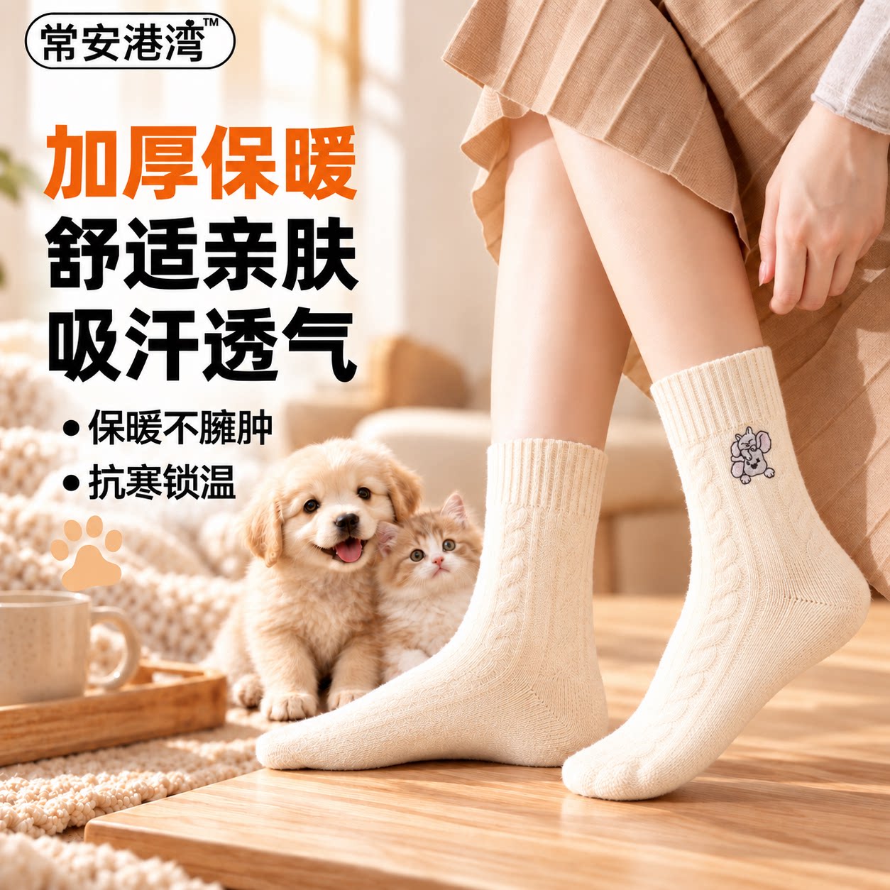 【常安港湾】秋冬款猫狗刺绣舒适加厚保暖毛圈袜糯纯色长筒袜