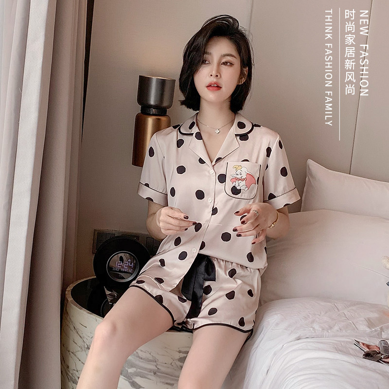 睡衣女夏季冰丝短袖短裤ins风薄款卡通真丝绸可外穿家居服两件套