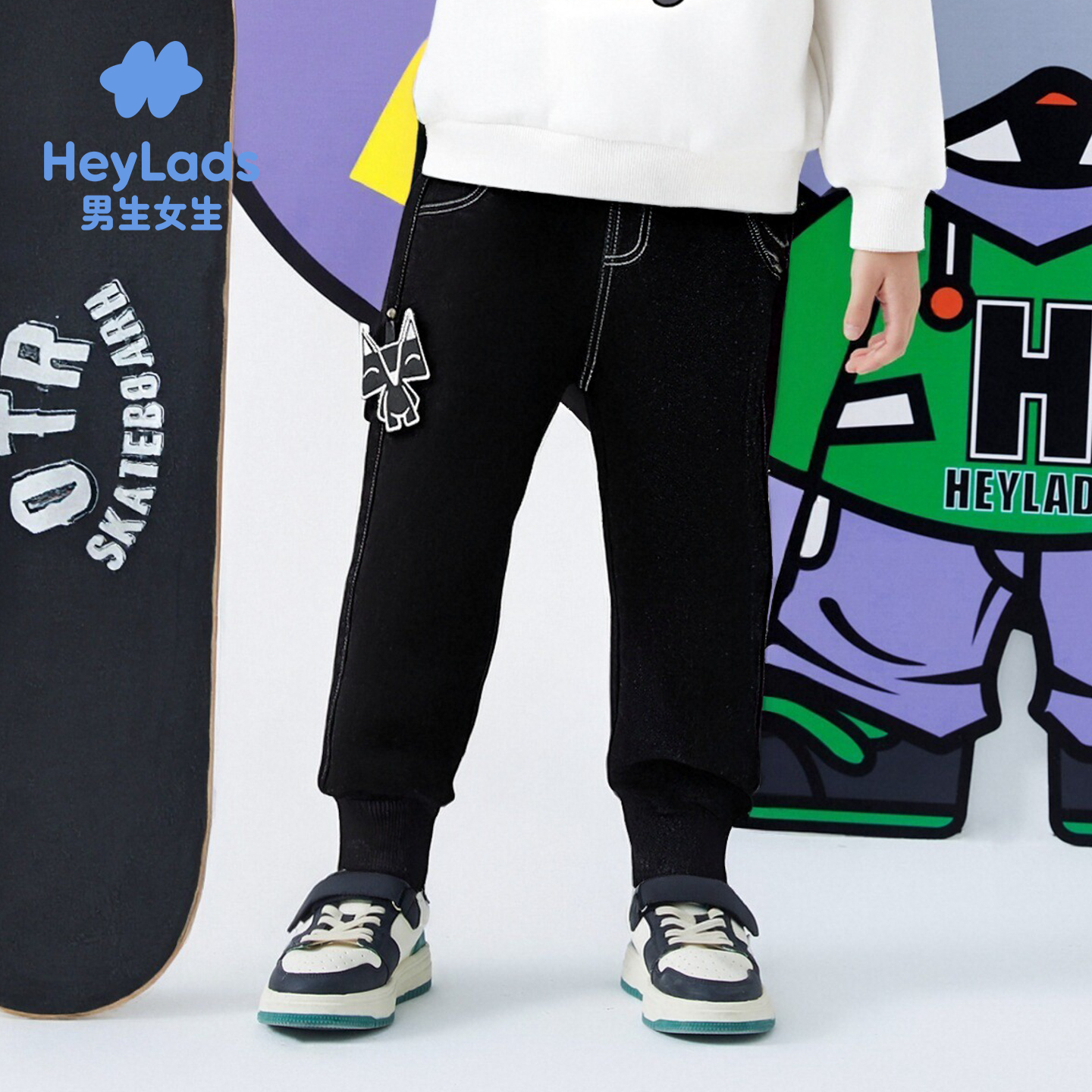 男生女生男小童黑色牛仔卡通贴布明线装饰长裤NPNEJ4