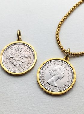 英国六便士硬币加边框包边吊坠子复古人像金银色中古项链小众饰品