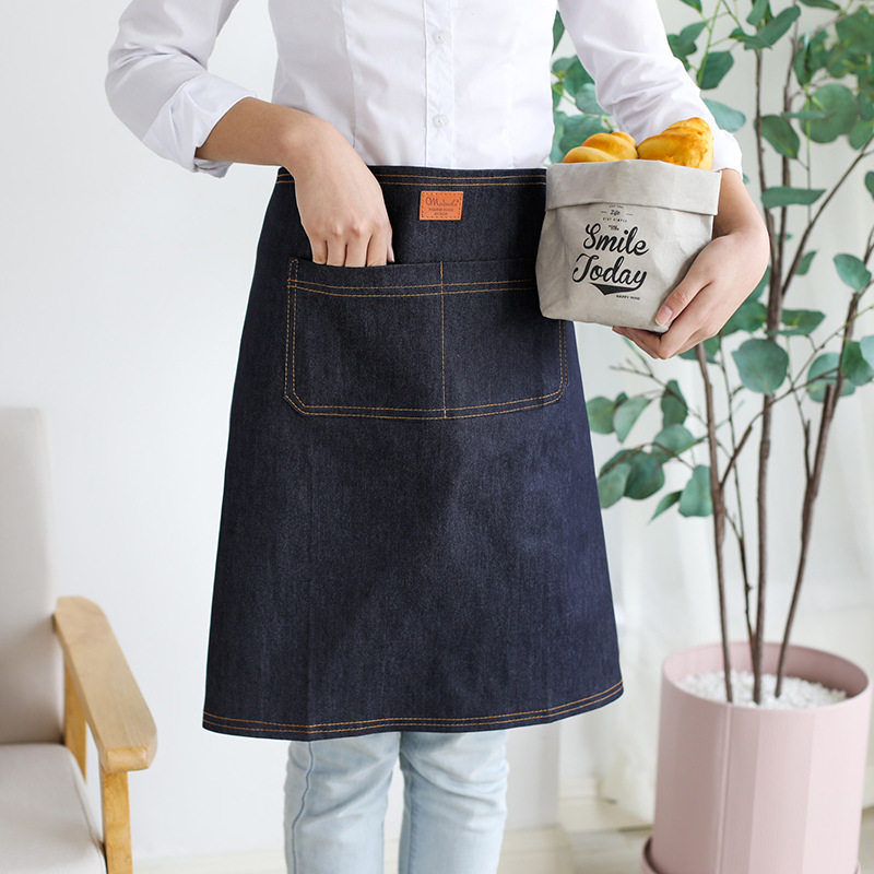 牛仔半身围裙女男半截短款厨房奶茶店服务员上班围腰定制logo印字