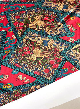 红色复古图腾仙鹤图案19姆米弹力真丝缎桑蚕丝面料布料
