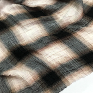 一米价 黑底淡黄色格子图案薄棉面料 夏季 连衣裙 服饰 布料