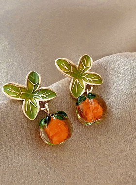 甜美花朵耳钉女绿色叶子橙色果实树脂吊坠少女感时尚耳夹