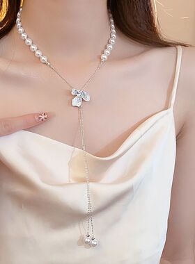珍珠白色项链颈链女蝴蝶设计款抽拉式项链女一款多戴2026年新款潮
