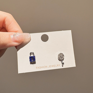 韩版个性时尚AB款不对称钥匙锁镶钻耳钉2025年新款耳环耳饰