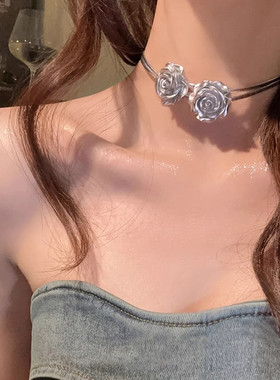 银色玫瑰花朵choker项圈女颈环皮革双层项链脖子配饰锁骨链颈链潮