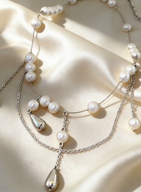 轻奢多层珍珠项链女水滴吊坠银色链条叠戴设计师款温柔风