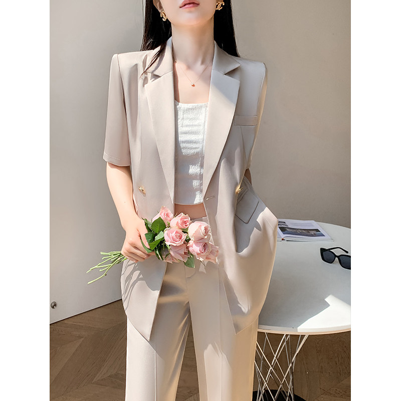 2026新款高端杏色西装套装女夏季薄款气质垂感气质女神范短袖西服