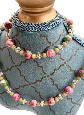 复古雨彩石配阿拉善牛油果珠子白水晶项链 手链套装 夏季不掉色