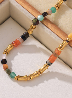 波西米亚多巴胺彩色天然石串珠项链跨境简约百搭不锈钢锁骨颈链