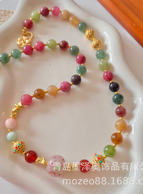 复古彩色仿碧玺多宝项链石头项链特色串珠毛衣链优化天然石青岛