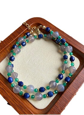 复古切面灰玛瑙青金石路路通猫眼石天然石项链手链套装锁骨链