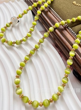 复古荧光绿多切面猫眼项链 猫咪琉璃夏季清新风项链 青岛中古饰品