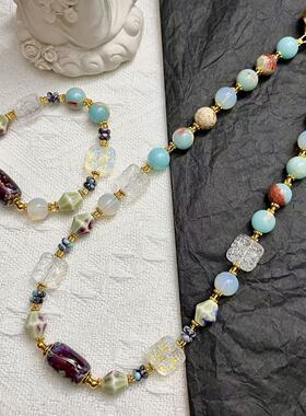 复古寿山石配琉璃陶瓷异形珠项链手链套装清新天然石高级配饰青岛