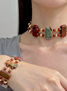 复古双排毕加索手串choker红玛瑙圆珠原创设计高级青岛外贸饰品