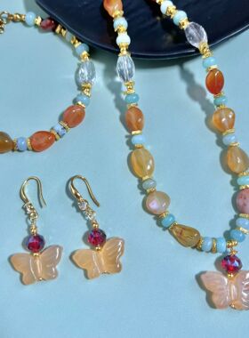 复古天然石玛瑙蝴蝶吊坠项链手链耳钩套装原创手作百搭天然石串珠