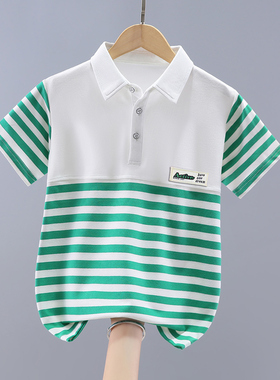 2025新款男童t恤短袖儿童夏装男孩衣服条纹白色polo衫宝宝洋气潮