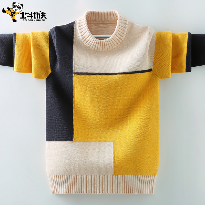2021年新款拼色男孩加绒加厚毛衣
