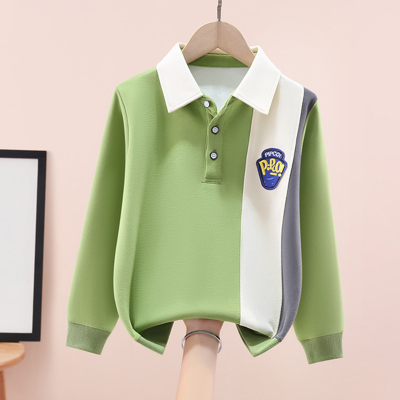 男童卫衣翻领拼色儿童上衣春秋装2026新款中大童洋气男孩帅气冬季