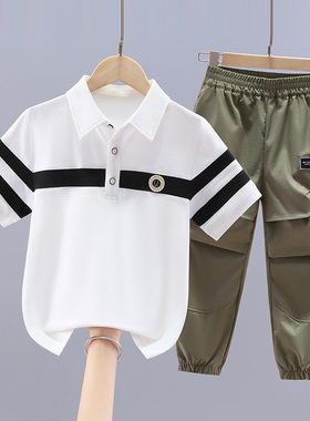 2025新款男童夏季薄款短袖套装白色儿童中大童宝宝两件套装帅气潮