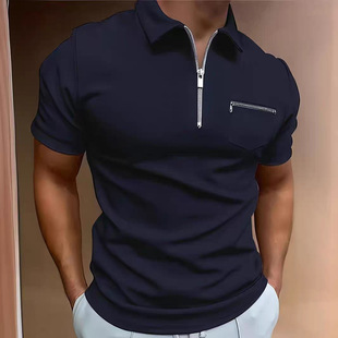 男式 夏季 薄纯色短袖 POLO衫 上衣T恤 欧美男装 翻领拉链修身 大码