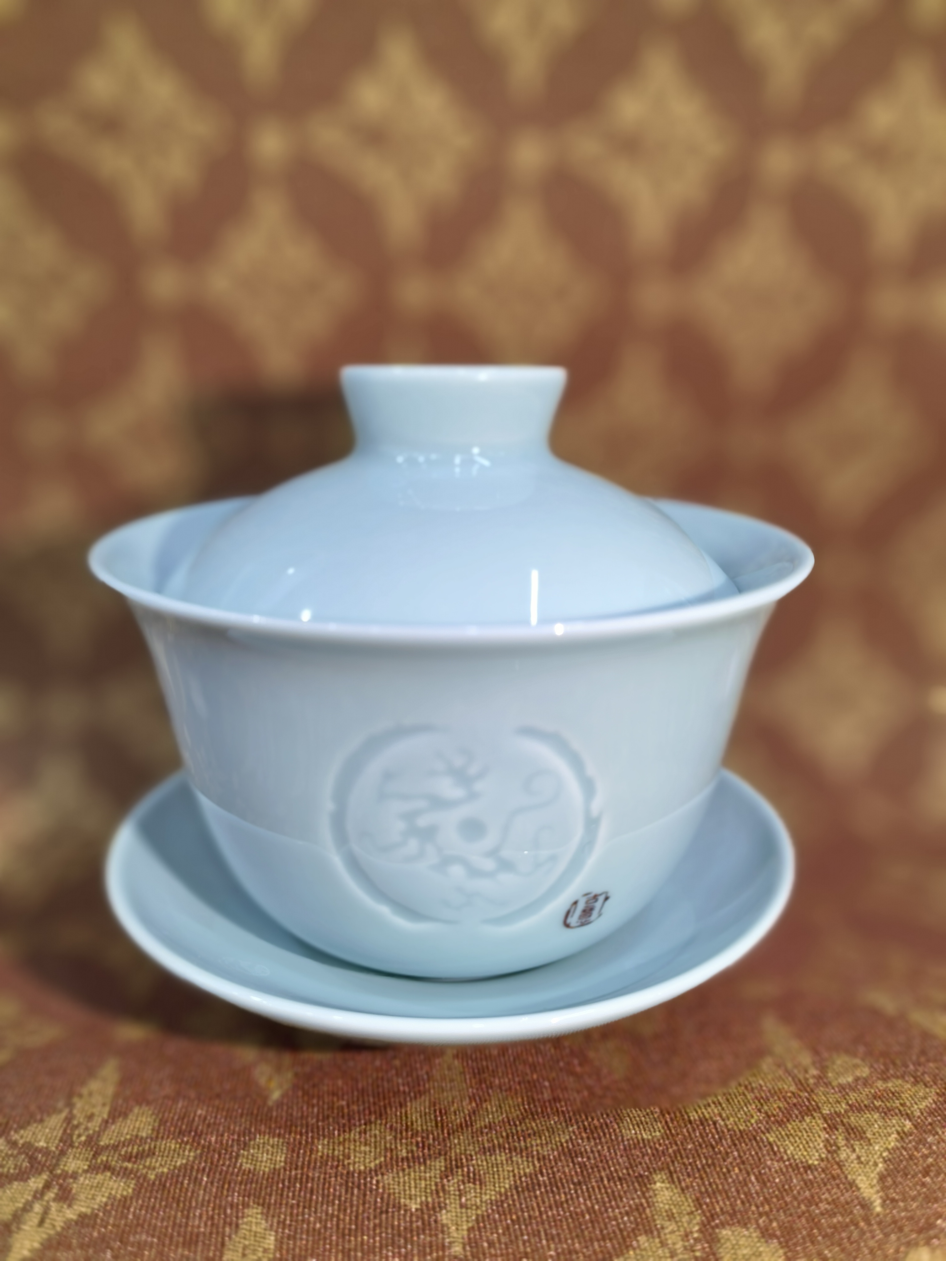 恒福越窑古意哥窑青瓷单个盖碗容量160毫升左右龙的图腾三才碗