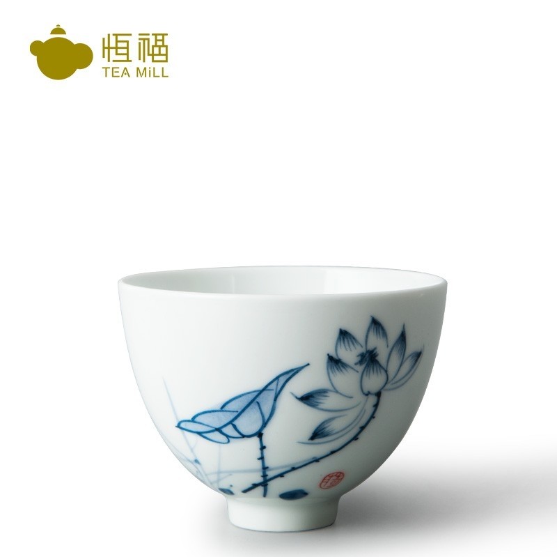 恒福手绘风青花荷花口杯个人杯