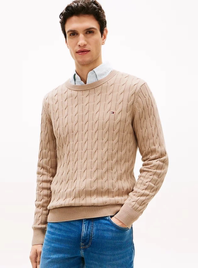 TOMMY HILFIGER汤米男秋冬纯棉圆领套头针织衫经典复古麻花纹毛衣