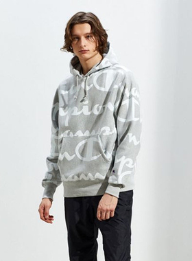 Champion冠军春季美版新款加绒男草写满LOGO字母连帽长袖卫衣集货