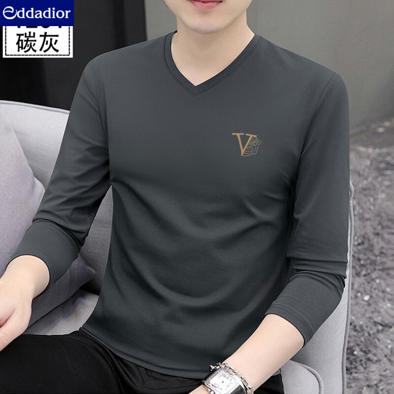 高端纯棉长袖T恤男2025春秋新款高品质时尚潮流百搭V领修身打底衫