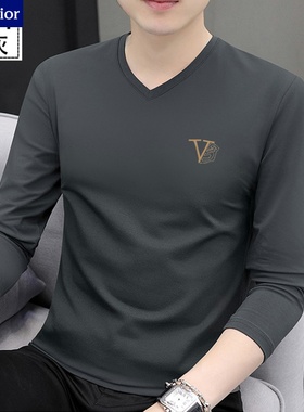 高端纯棉长袖T恤男2025春秋新款高品质时尚潮流百搭V领修身打底衫