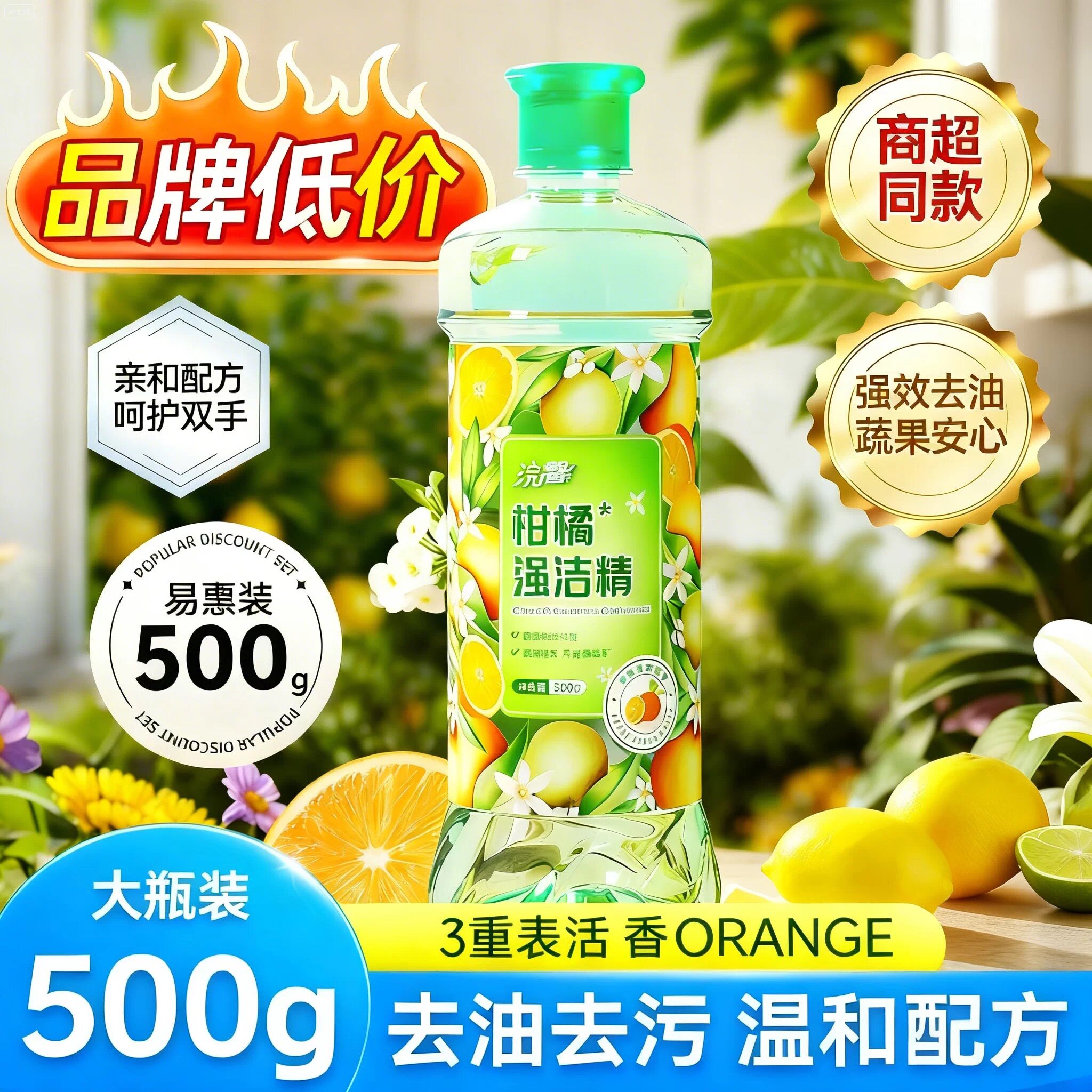 柑橘洗洁精500g家用实惠装洗碗去腥厨房碗筷去油污果蔬洗涤剂正品