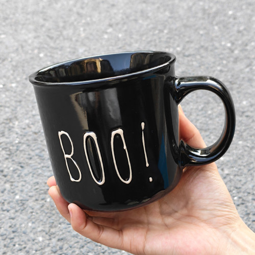 食魔师黑色陶瓷马克杯英文字母立体浮雕咖啡杯水杯简约杯子 600ML