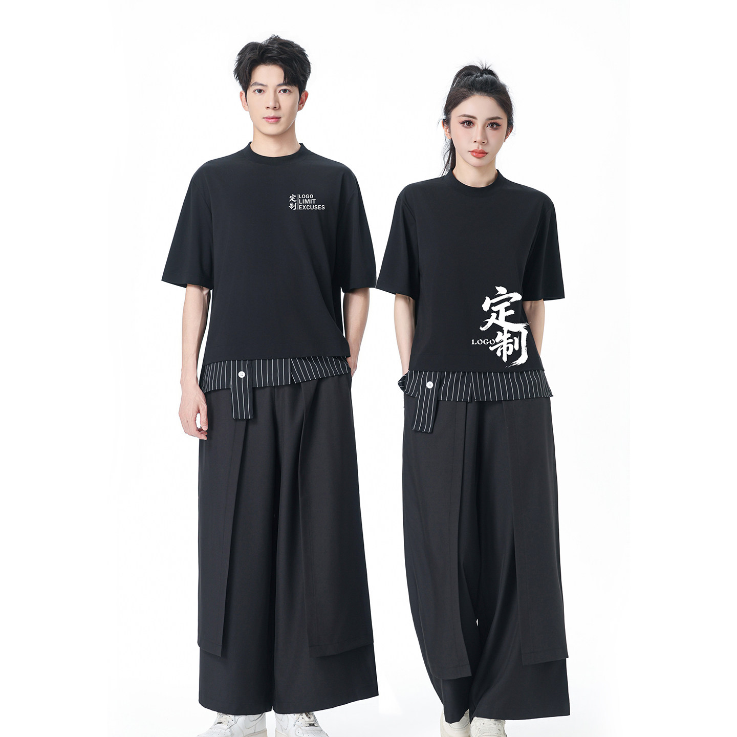 黑色短袖T恤垂感套装美发店酒吧餐饮服务员男女工作服定制logo