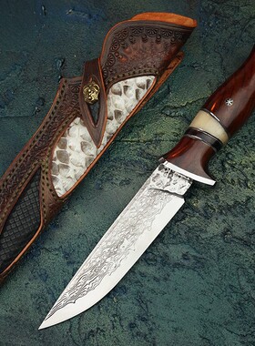 北欧至尚大马士革钢小直刀多功能户外露营随身刀高硬度锋利求生