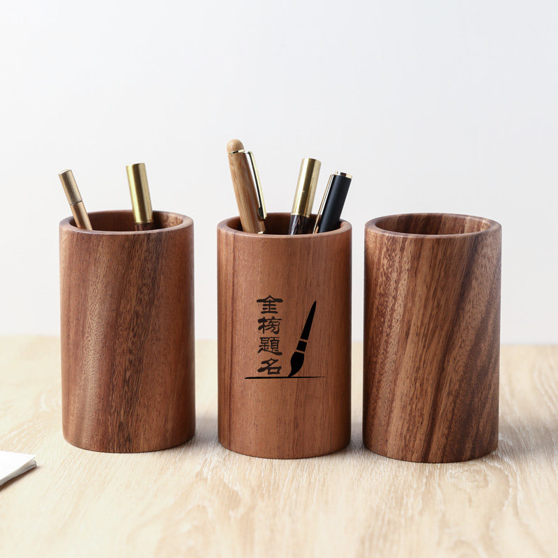 实木圆形笔筒相思木简约笔桶办公桌面个性创意摆件多功能笔收纳盒