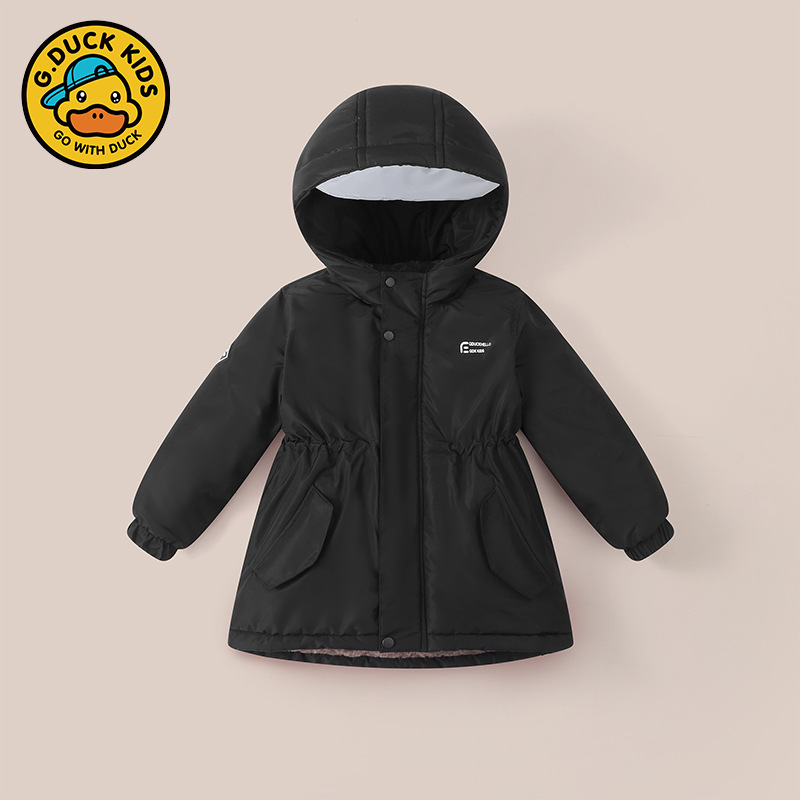 小黄鸭冲锋衣棉服外套儿童中长款加绒加厚收腰派克服男童女童棉衣