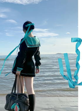 初音未来~黛绿色蝴蝶结超长飘带发夹发卡少女jk制服百搭头饰发带