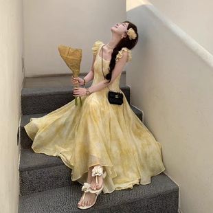 长款 黄色海边度假风连衣裙长裙2025新款 显瘦裙子女夏飞飞袖
