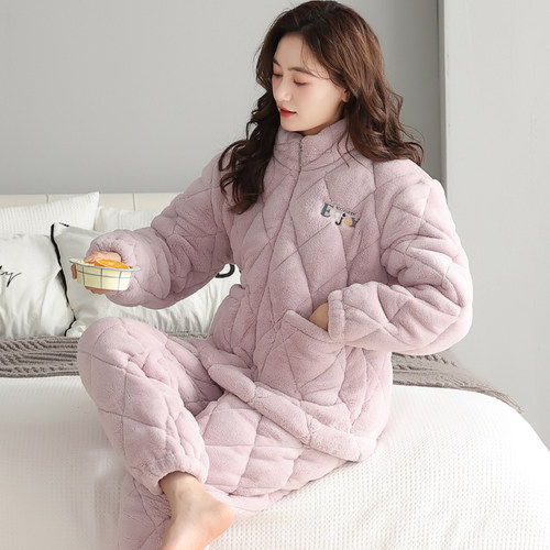 浪莎冬季睡衣女珊瑚绒夹棉家居服