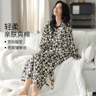 浪莎睡裙女纯棉春秋季长袖连衣裙宽松高级感女士爽棉家居服可外穿