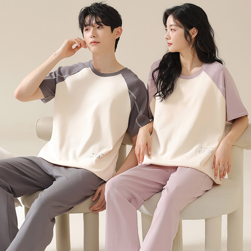 浪莎纯棉情侣睡衣女夏季带胸垫短袖可外穿男士长裤休闲家居服套装