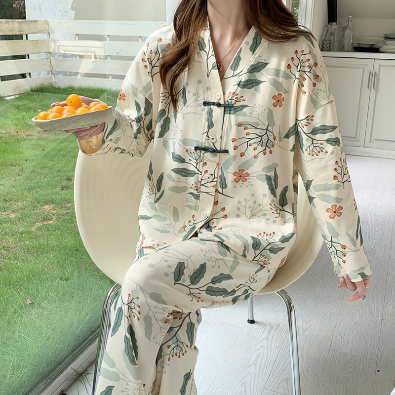 浪莎春秋睡衣女纯棉V领长袖和服