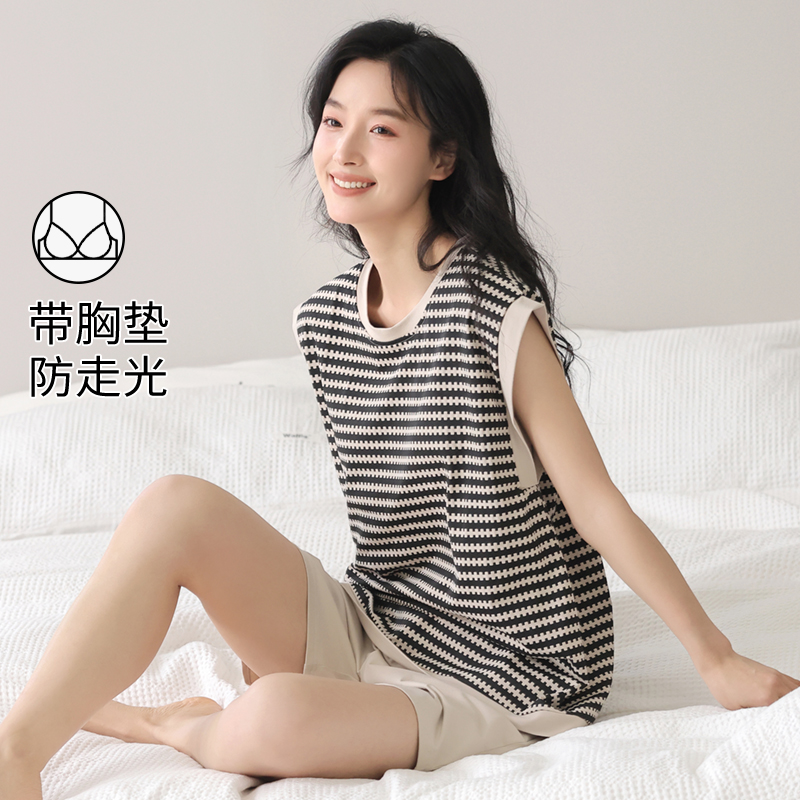 浪莎带胸垫睡衣女夏季纯棉坎袖短裤宽松休闲可外穿背心家居服套装
